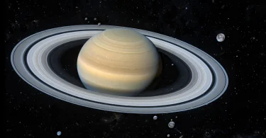 Saturn and its rings with many small distant moons in deep space