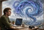 Blogger at a desk with a laptop facing swirling AI loops and falling search traffic charts