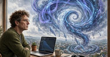 Blogger at a desk with a laptop facing swirling AI loops and falling search traffic charts