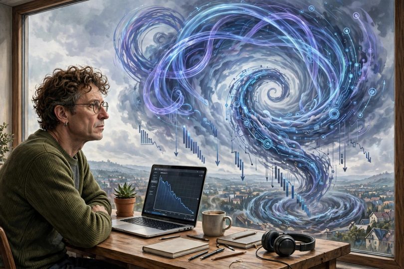Blogger at a desk with a laptop facing swirling AI loops and falling search traffic charts