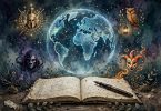 Glowing world map with Jungian archetype symbols and a writer's notebook and pen in the foreground