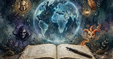 Glowing world map with Jungian archetype symbols and a writer's notebook and pen in the foreground